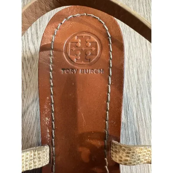 Tory Burch Mini Miller Reptile Embossed Leather Slingback Heeled Sandals Sz 9.5 - Picture 8 of 8